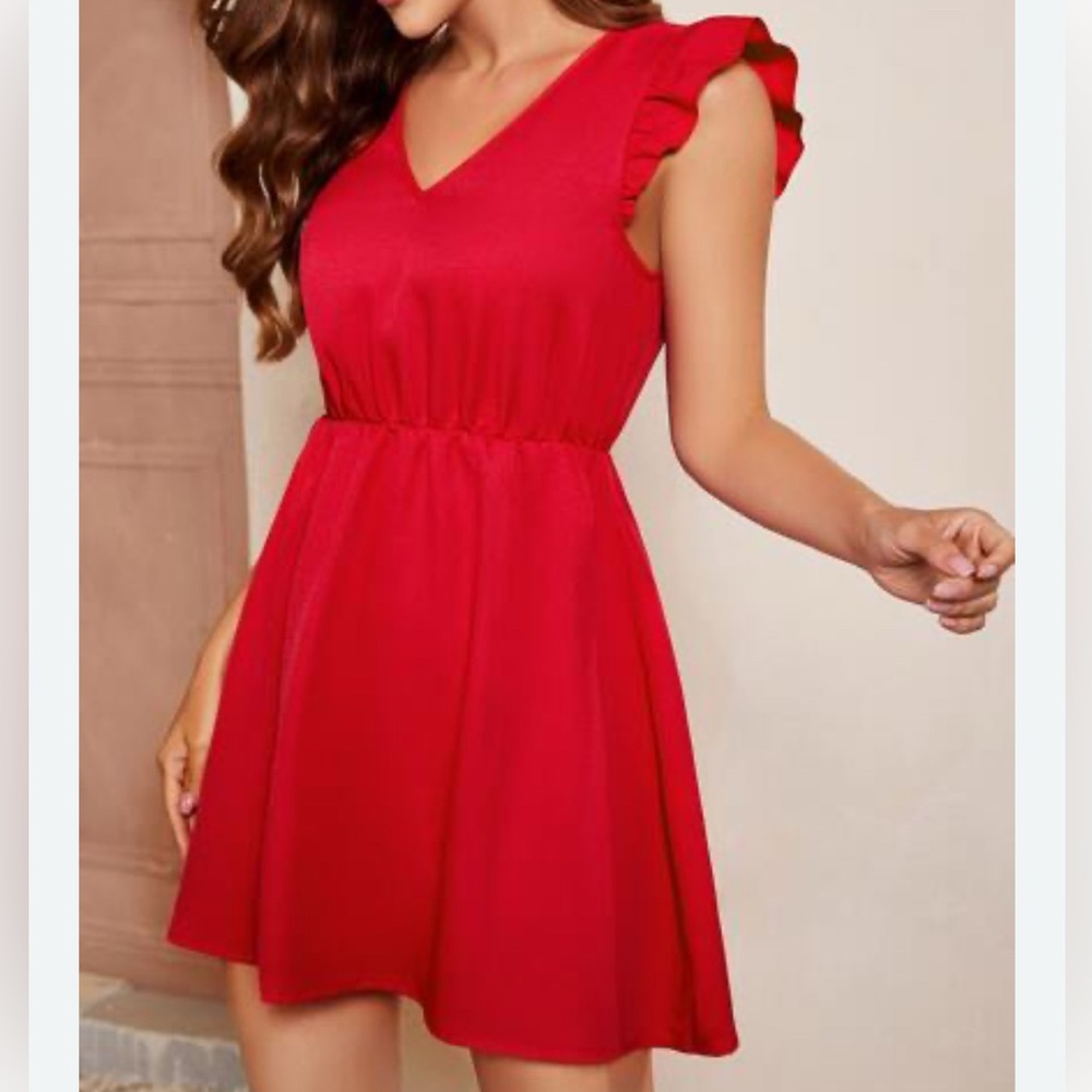 SHEIN Clasi Red V-Neck Butterfly Ruffle Sleeve A-Line Mini Dress - Size M (6)